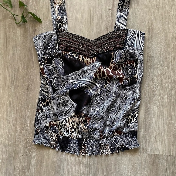 Vintage y2k Cach’e Silky Printed Rhinestone Bling Top - Picture 2 of 5
